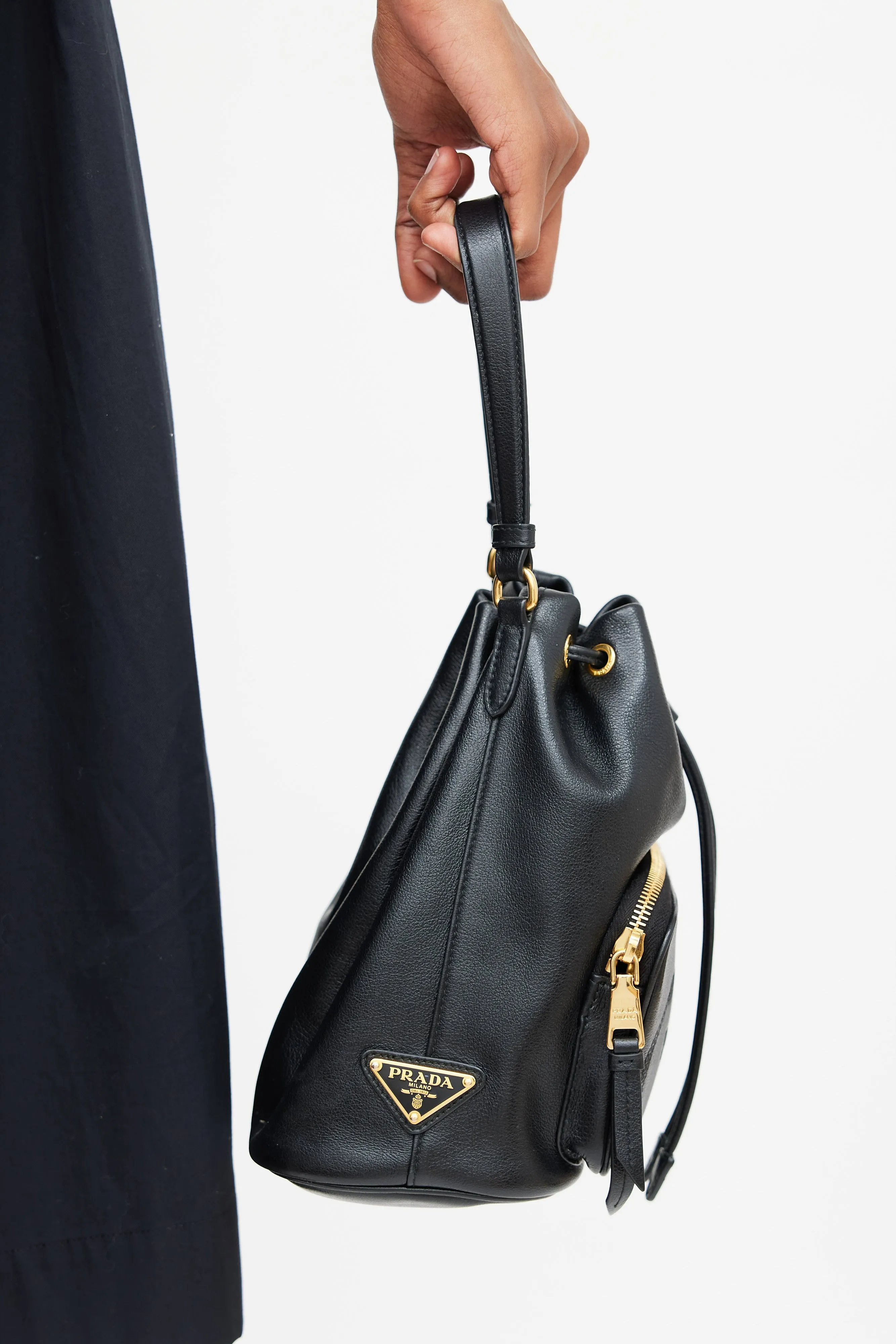 Black Leather Glace Secchiello Bucket Bag