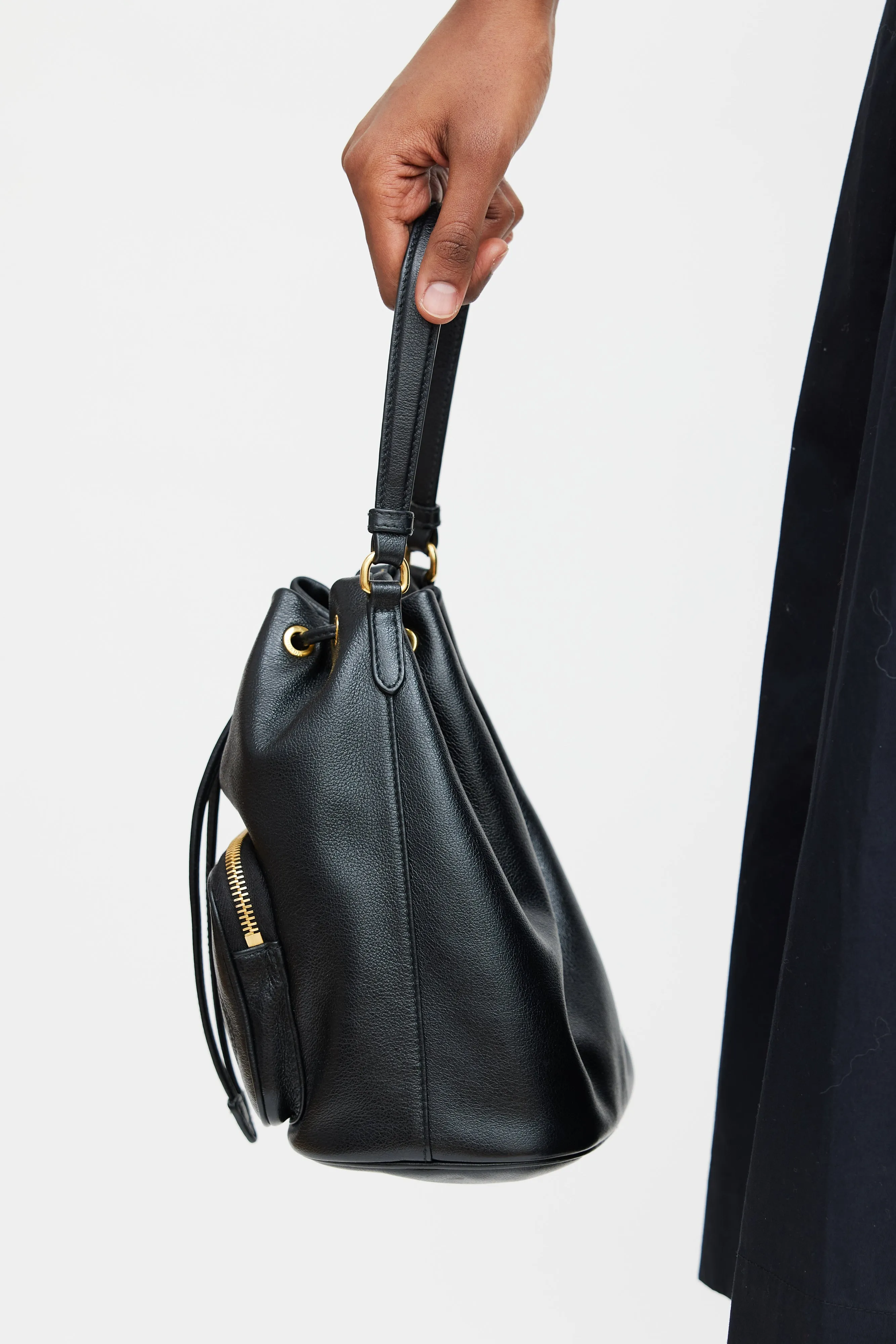 Black Leather Glace Secchiello Bucket Bag