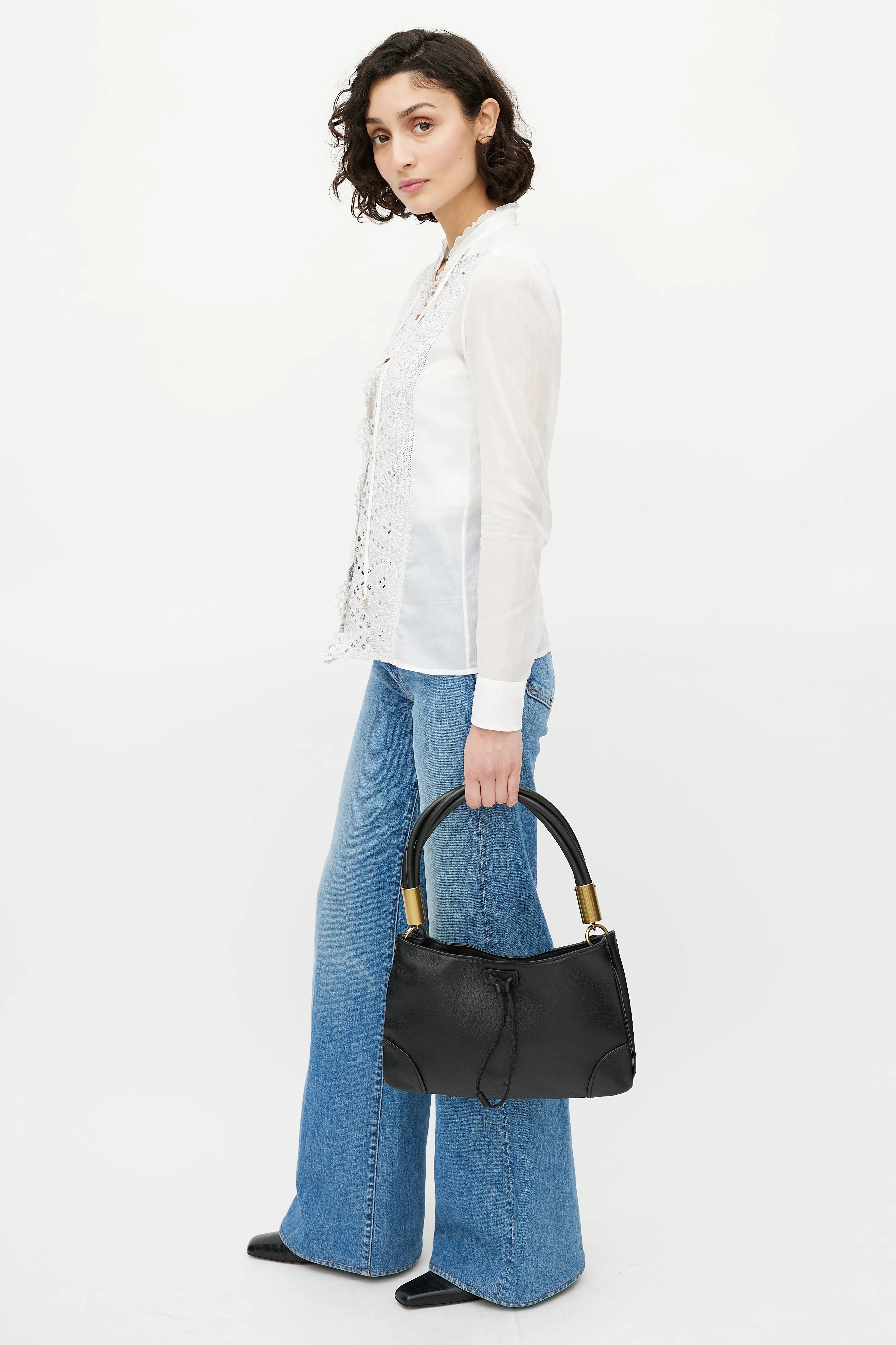 Black Pebbled Leather Twist Handle Shoulder Bag