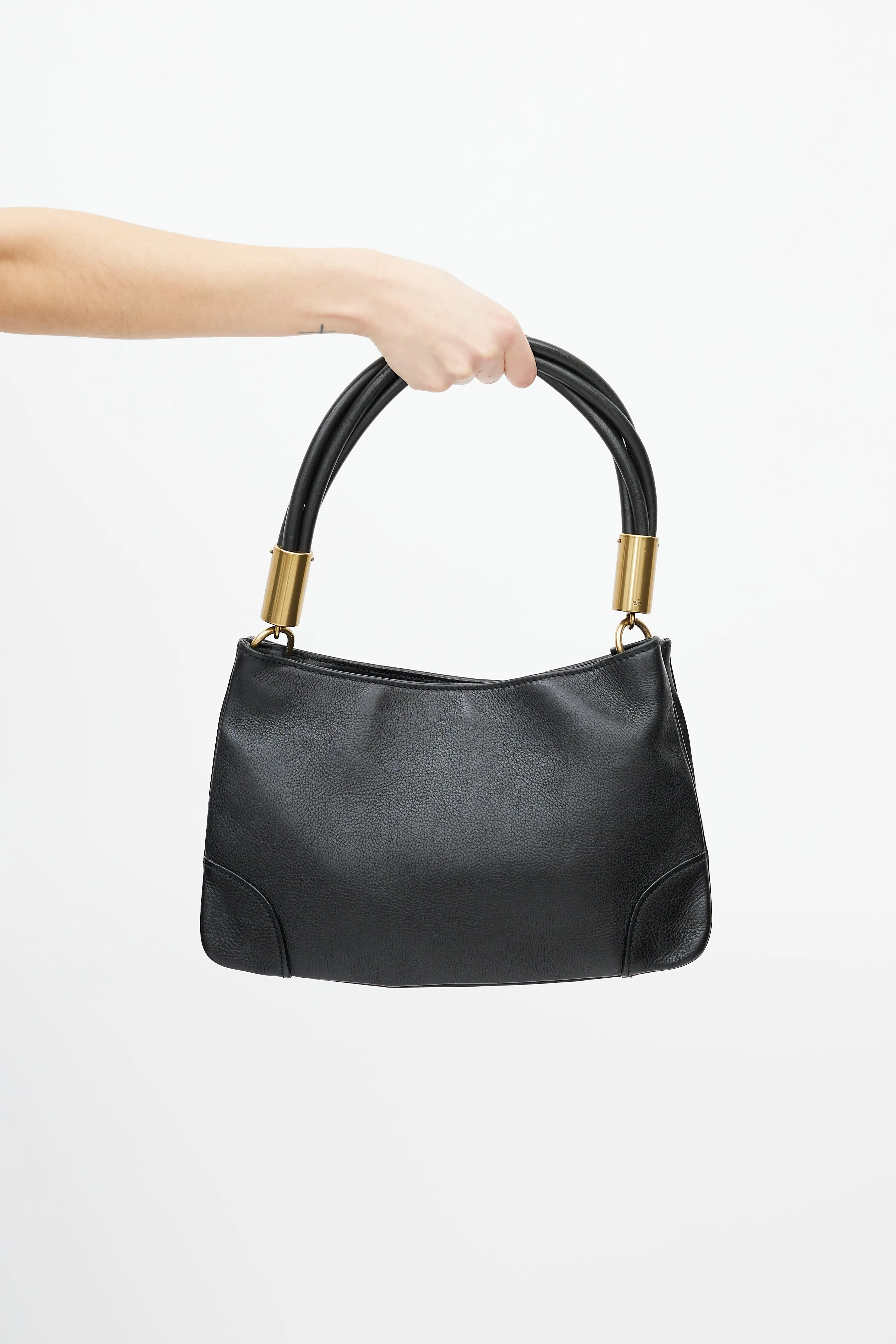 Black Pebbled Leather Twist Handle Shoulder Bag