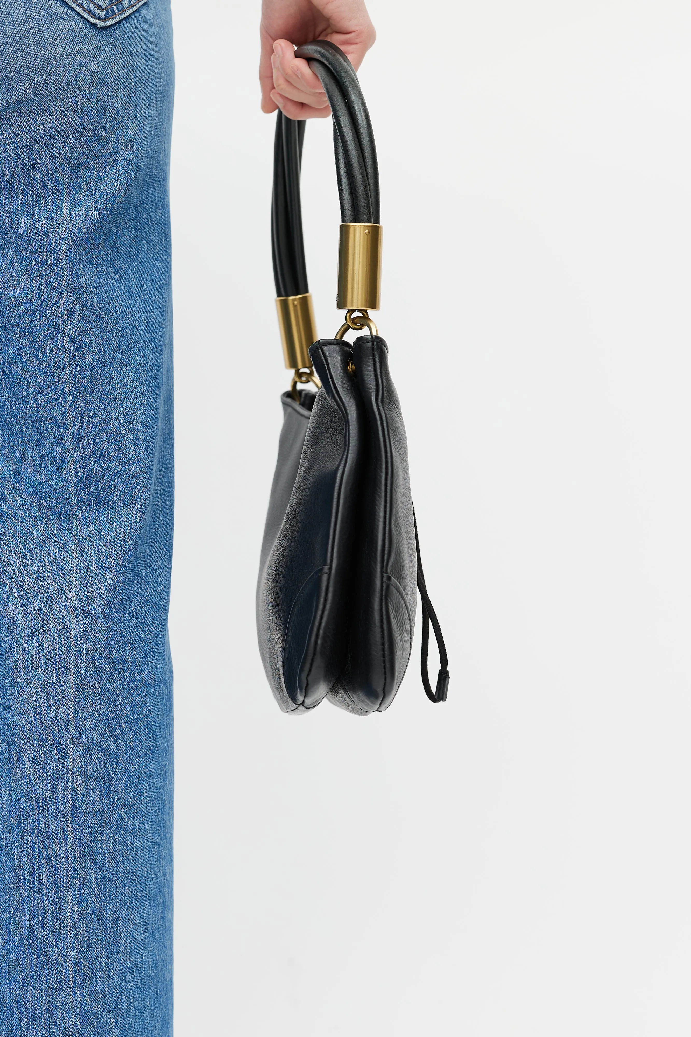 Black Pebbled Leather Twist Handle Shoulder Bag
