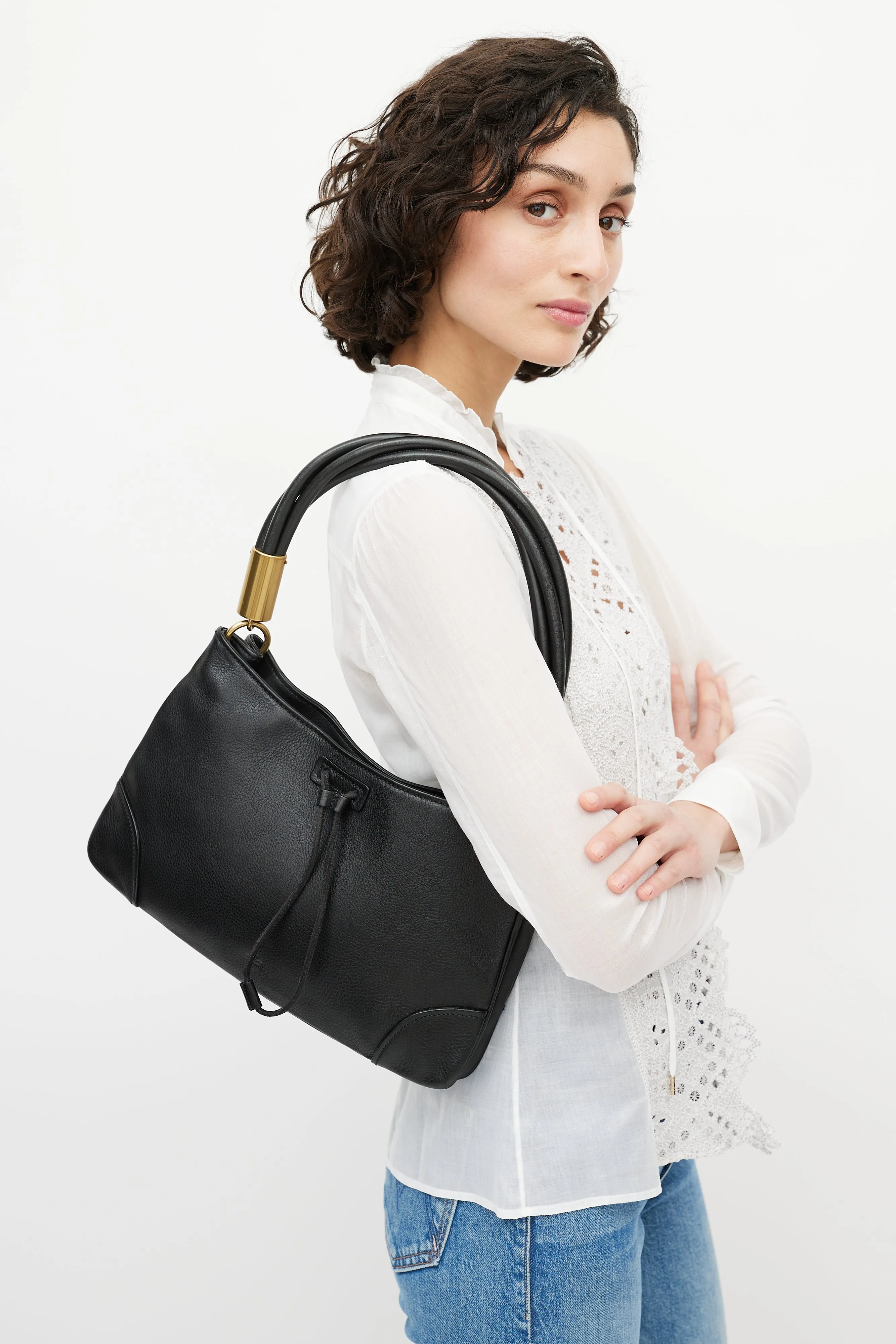 Black Pebbled Leather Twist Handle Shoulder Bag
