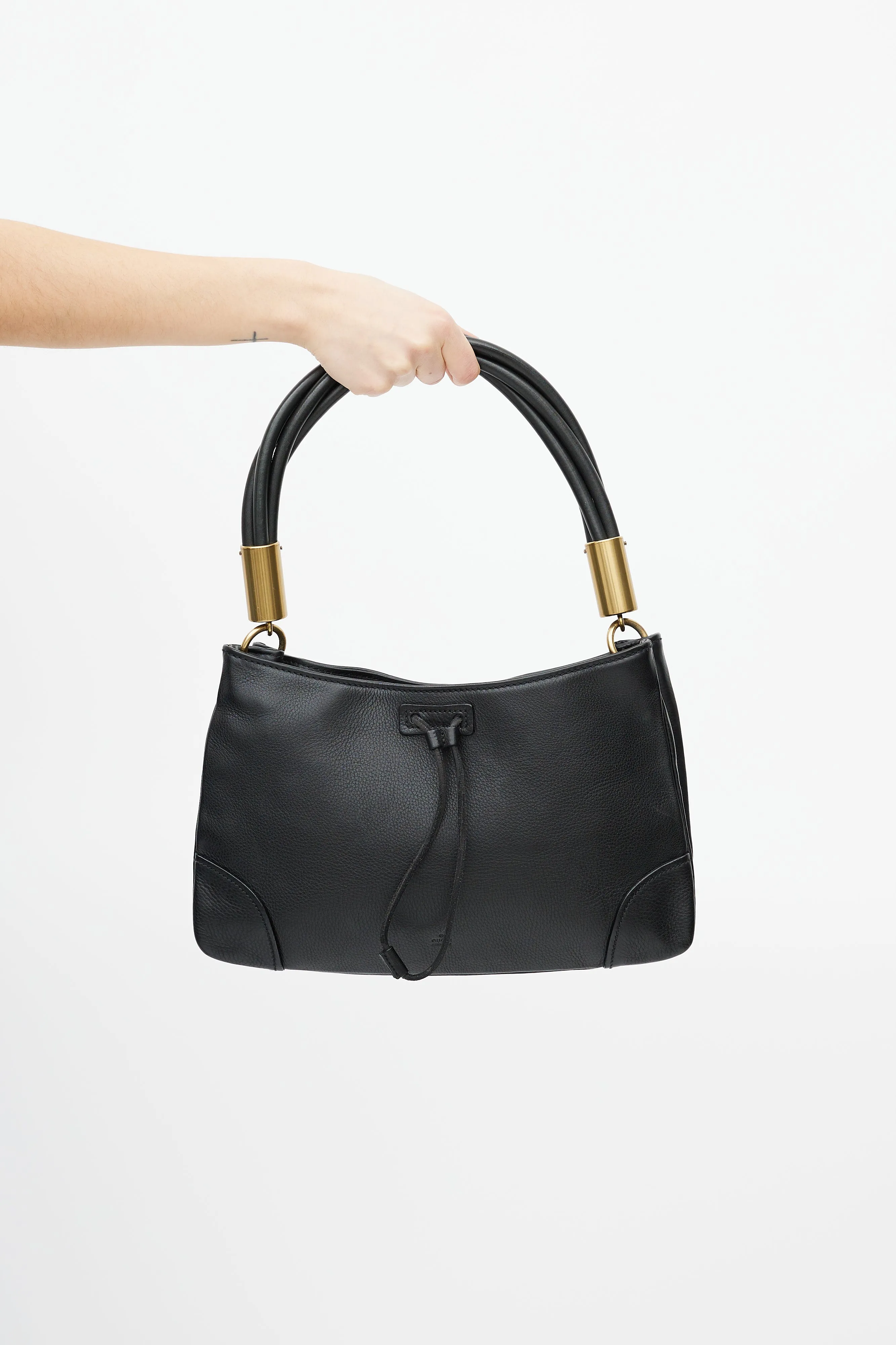 Black Pebbled Leather Twist Handle Shoulder Bag