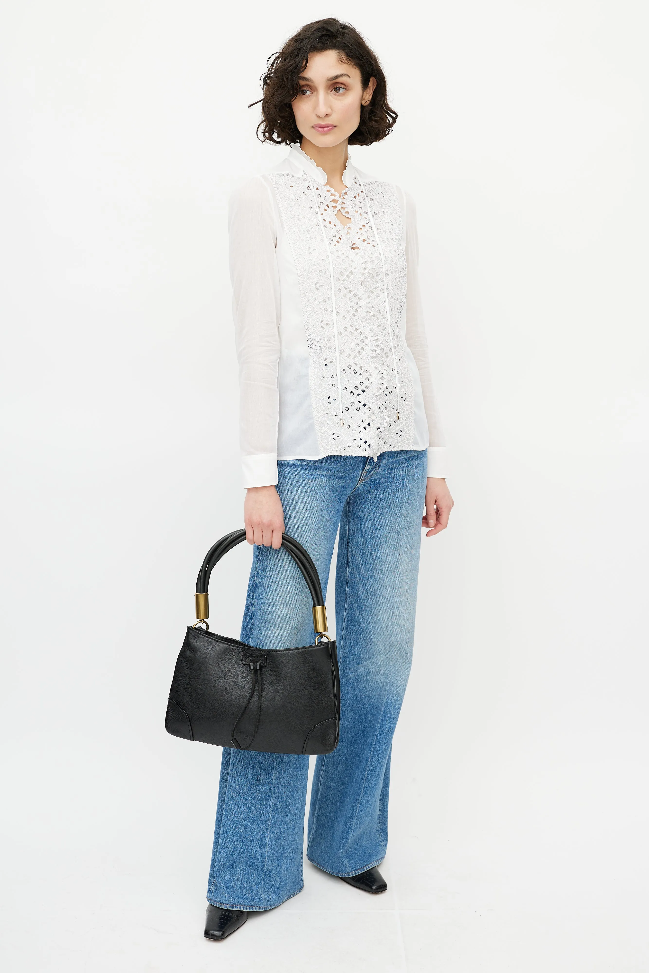 Black Pebbled Leather Twist Handle Shoulder Bag