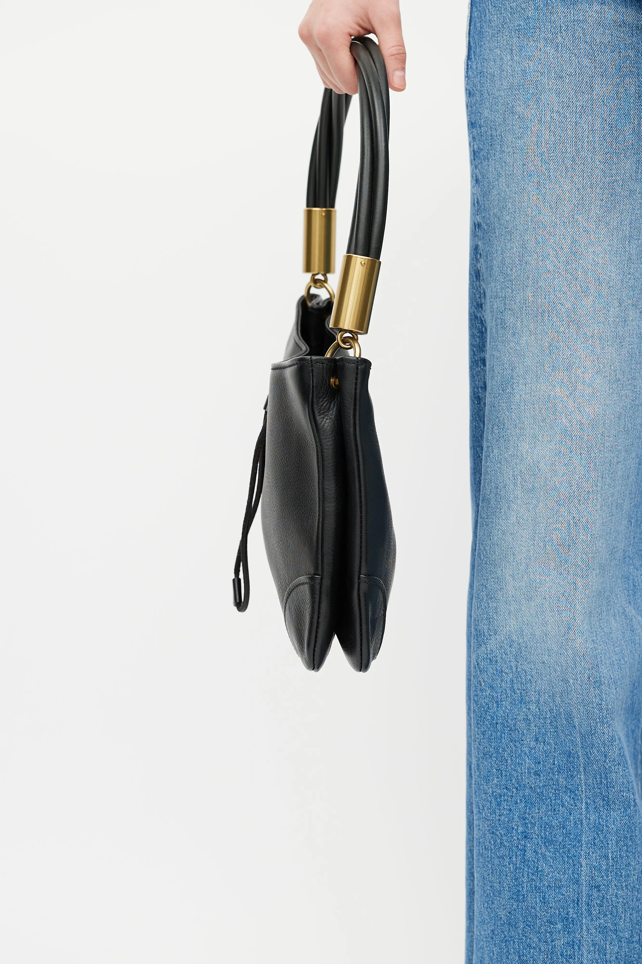 Black Pebbled Leather Twist Handle Shoulder Bag