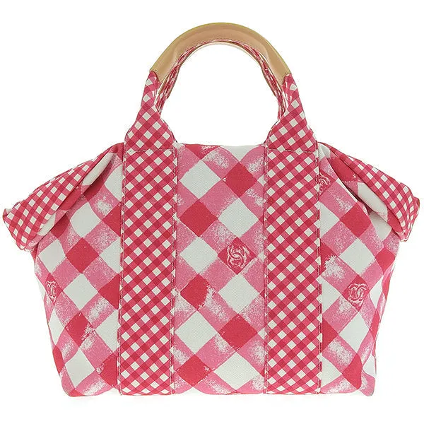 CHANEL Around 2011 Made Gingham Pattern Cc Mark Hnadle Bag Pink/White