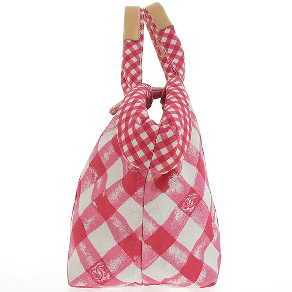 CHANEL Around 2011 Made Gingham Pattern Cc Mark Hnadle Bag Pink/White