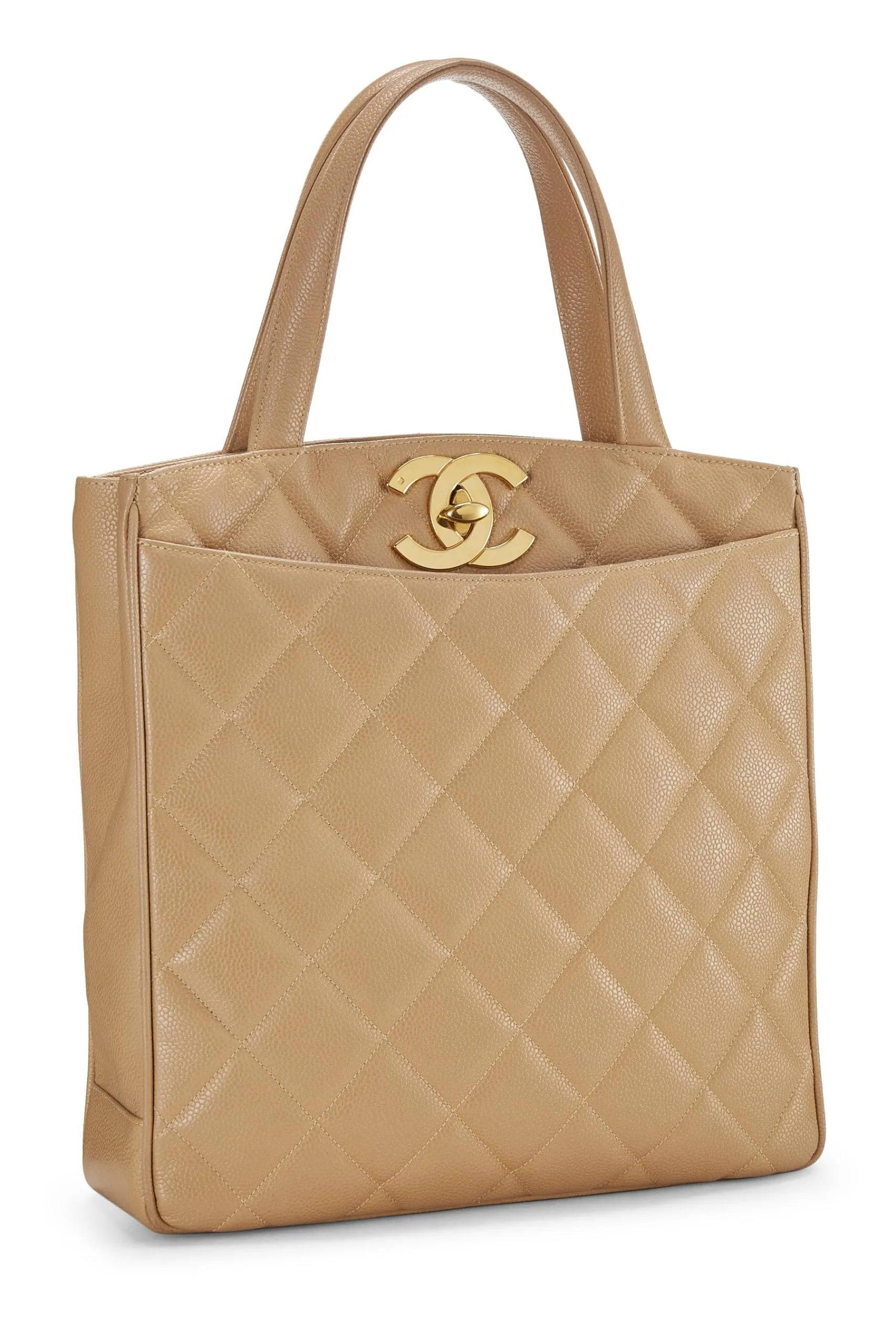 Chanel,  Beige Quilted Caviar Turnlock Handbag, Beige