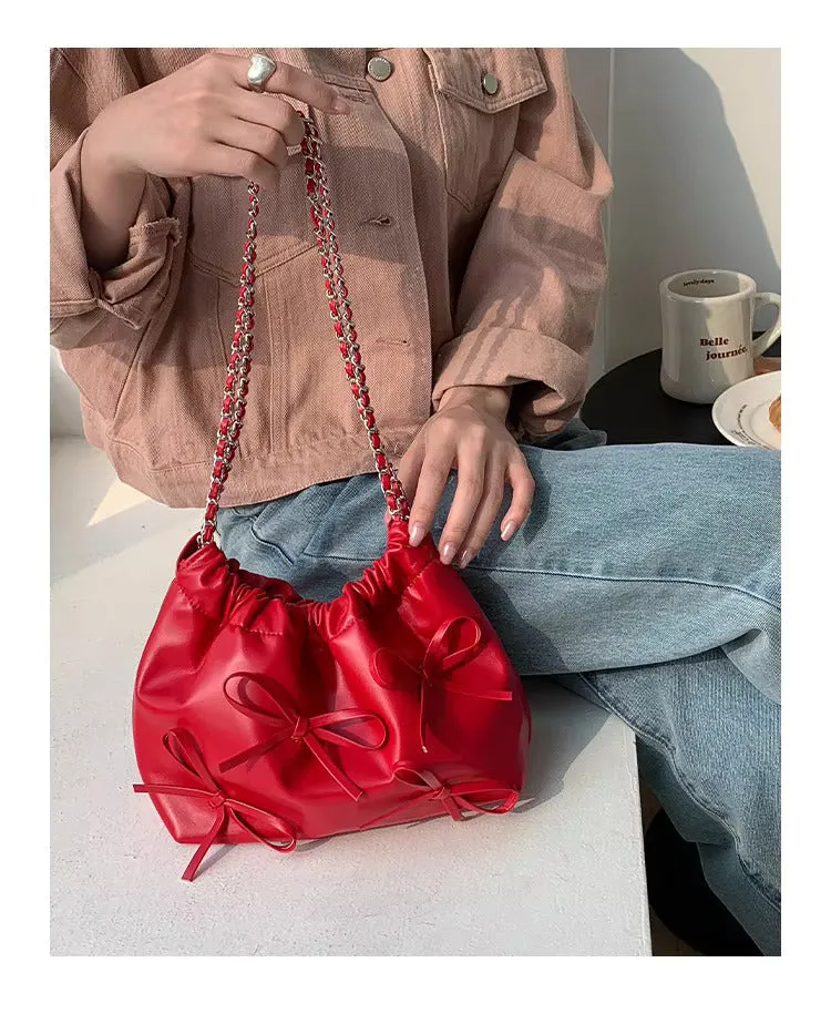 Cute Bow Pleated Chain Bucket Bags