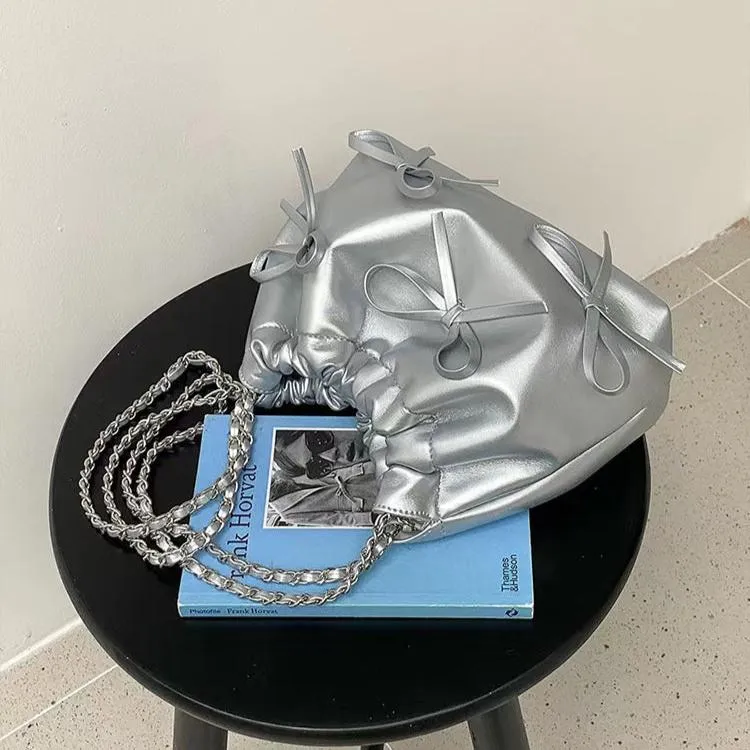 Cute Bow Pleated Chain Bucket Bags