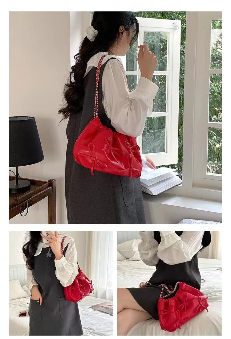 Cute Bow Pleated Chain Bucket Bags