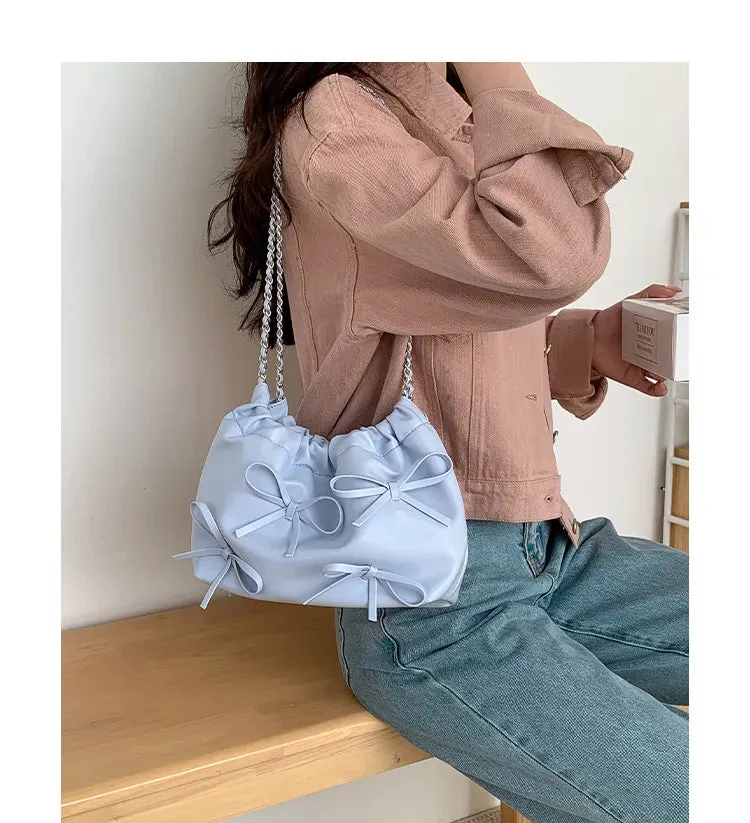 Cute Bow Pleated Chain Bucket Bags