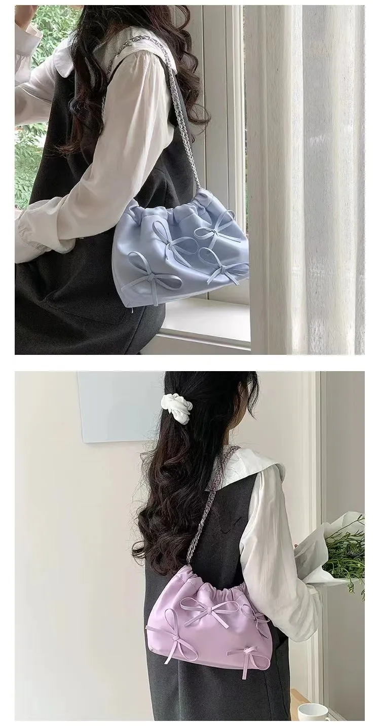 Cute Bow Pleated Chain Bucket Bags