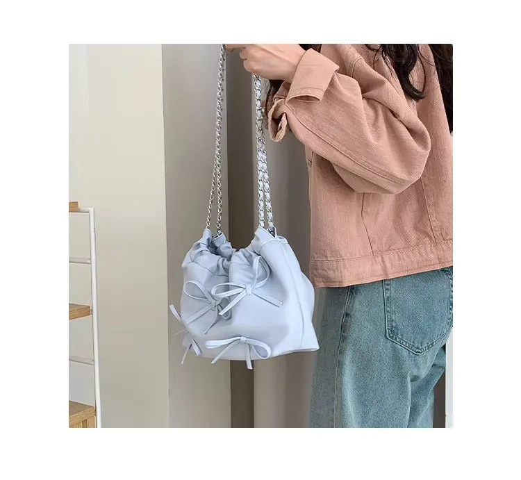 Cute Bow Pleated Chain Bucket Bags