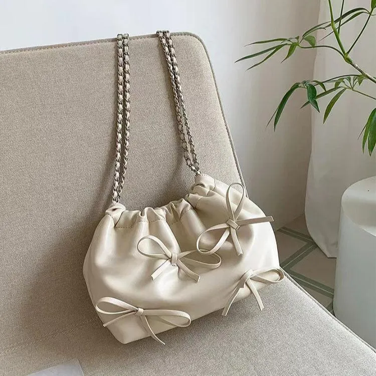 Cute Bow Pleated Chain Bucket Bags