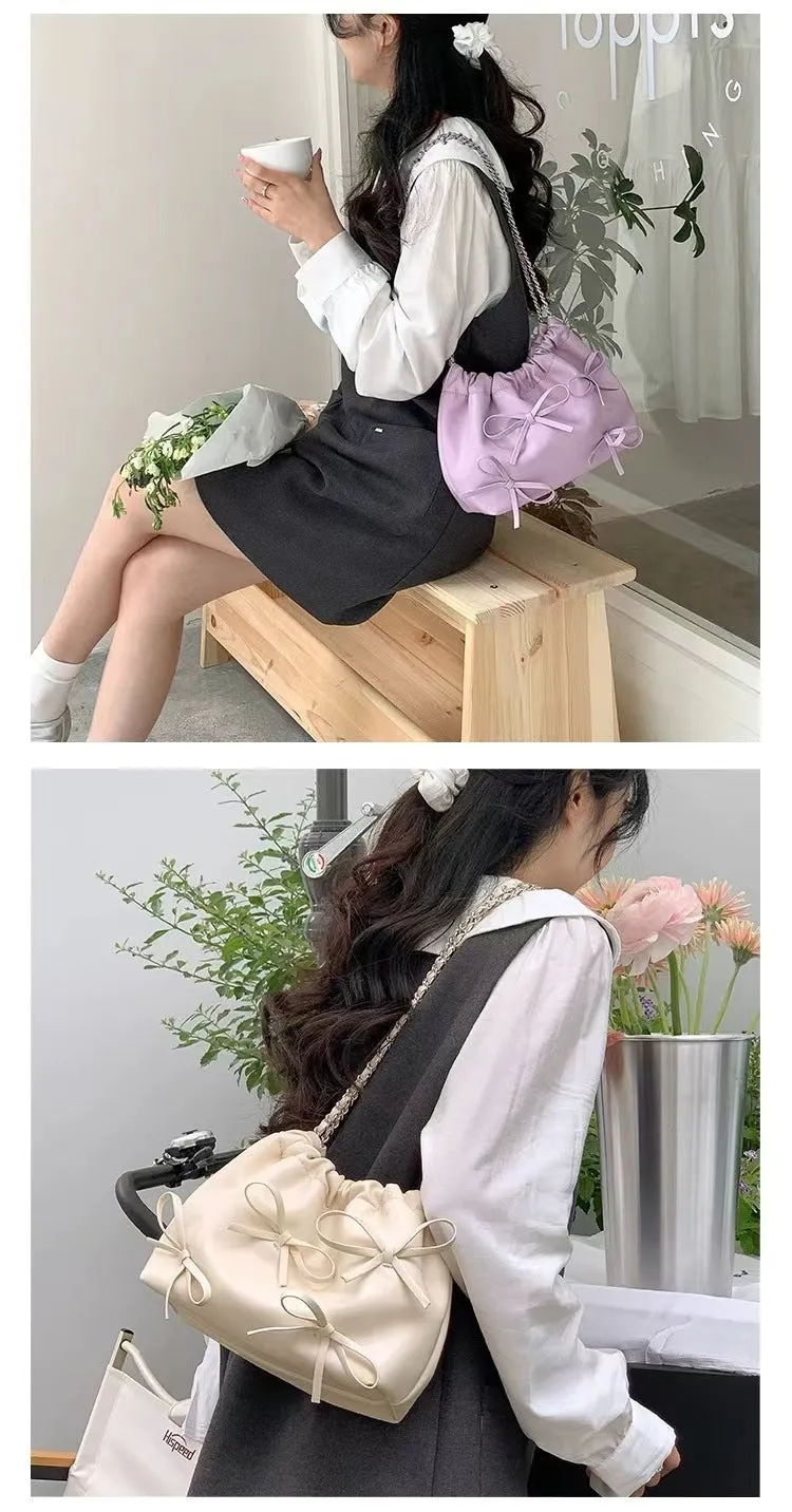 Cute Bow Pleated Chain Bucket Bags
