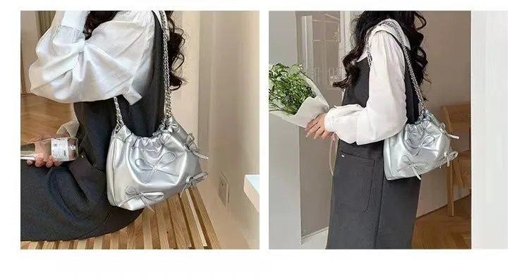 Cute Bow Pleated Chain Bucket Bags