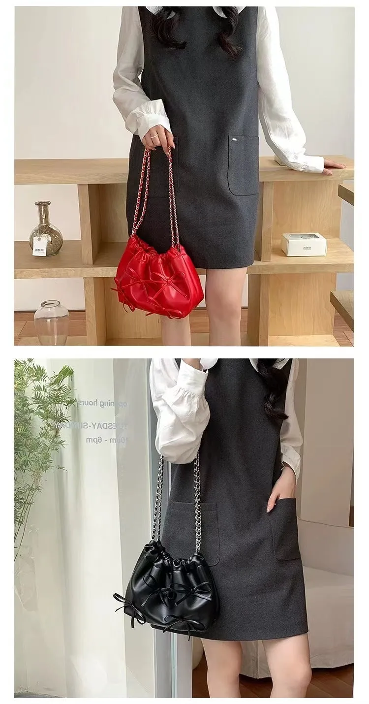 Cute Bow Pleated Chain Bucket Bags