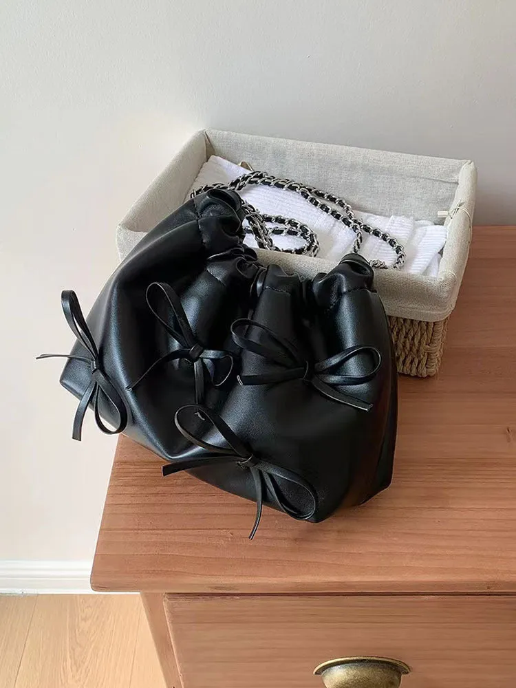 Cute Bow Pleated Chain Bucket Bags