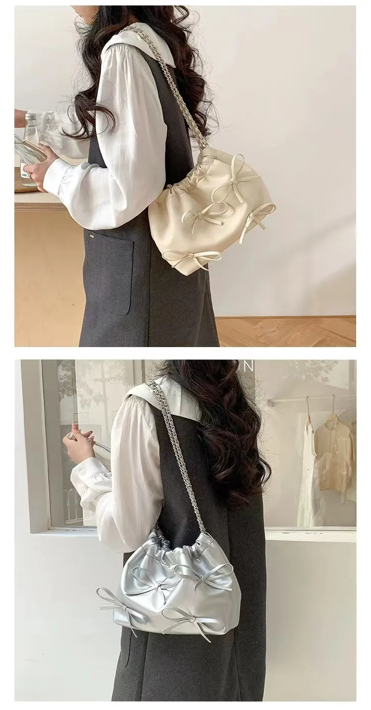 Cute Bow Pleated Chain Bucket Bags