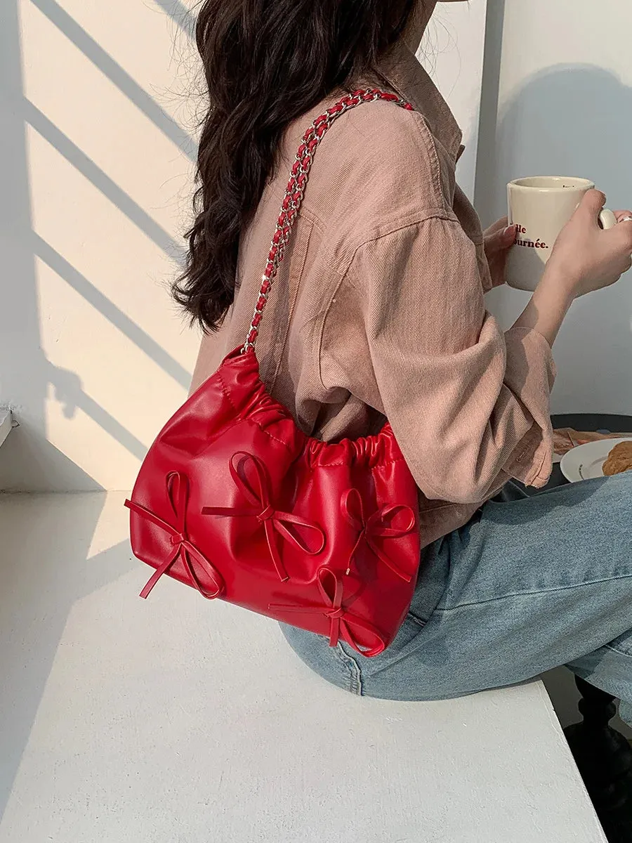 Cute Bow Pleated Chain Bucket Bags