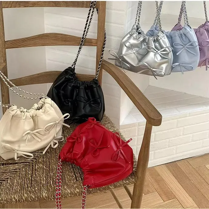 Cute Bow Pleated Chain Bucket Bags