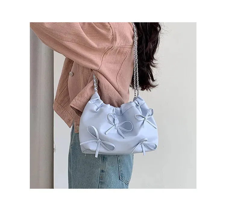 Cute Bow Pleated Chain Bucket Bags