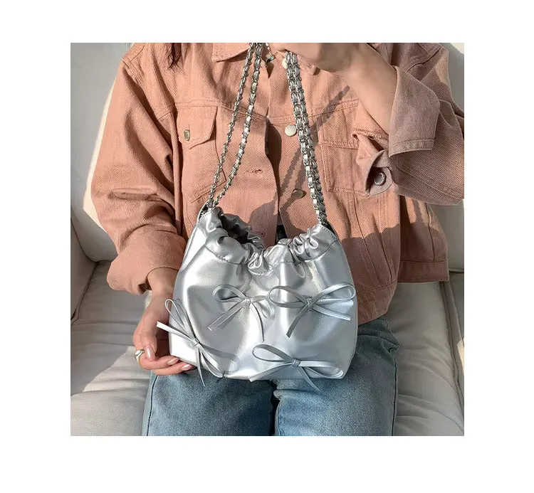 Cute Bow Pleated Chain Bucket Bags