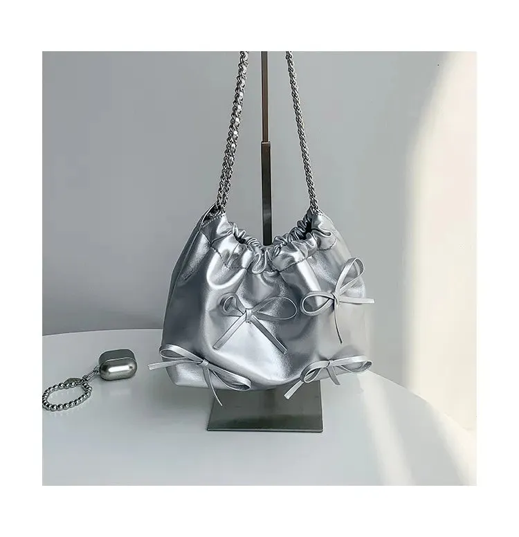 Cute Bow Pleated Chain Bucket Bags