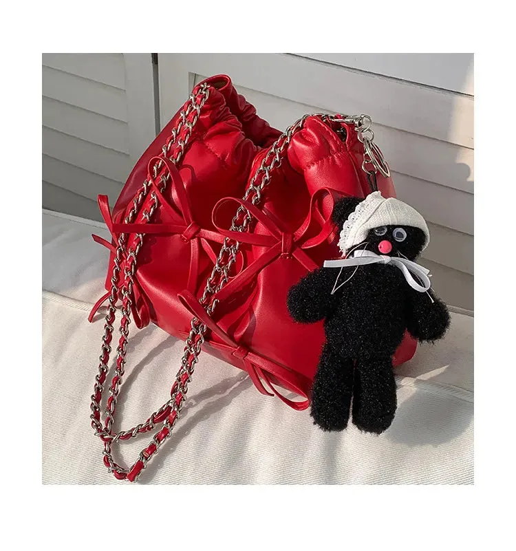 Cute Bow Pleated Chain Bucket Bags