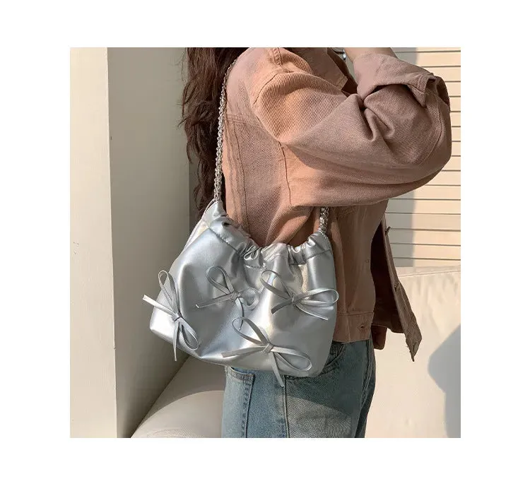 Cute Bow Pleated Chain Bucket Bags