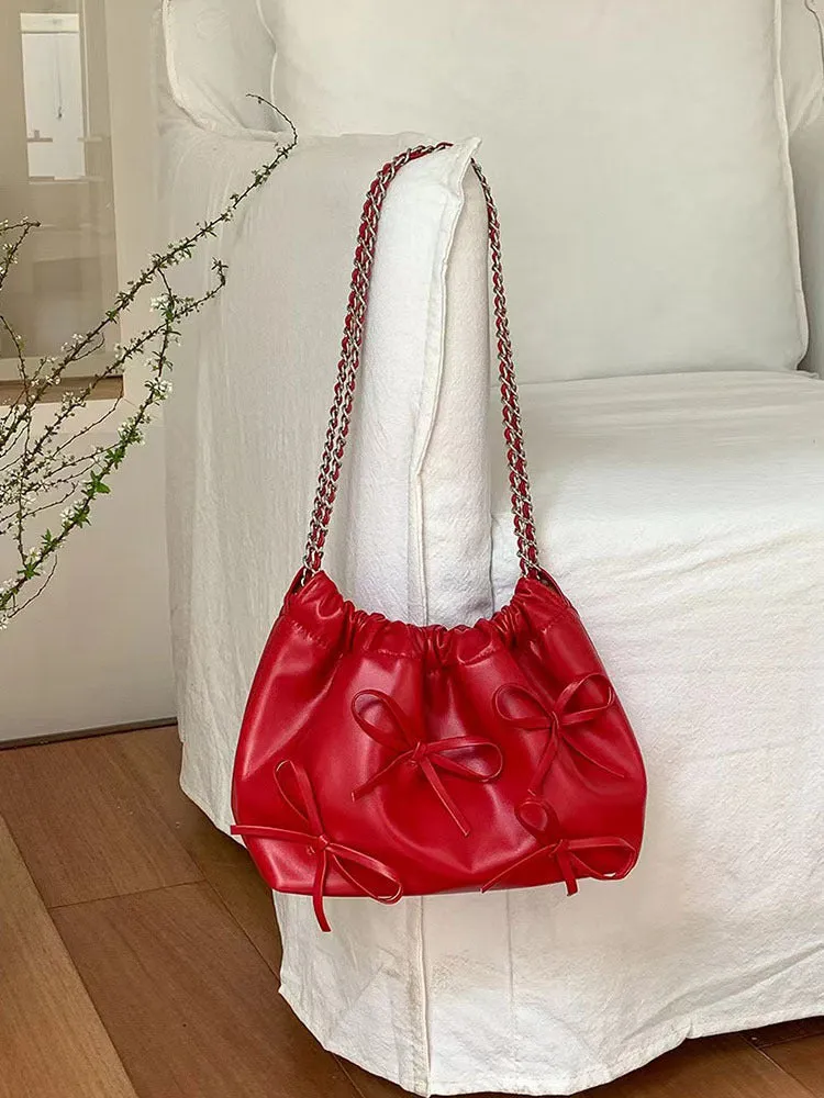 Cute Bow Pleated Chain Bucket Bags