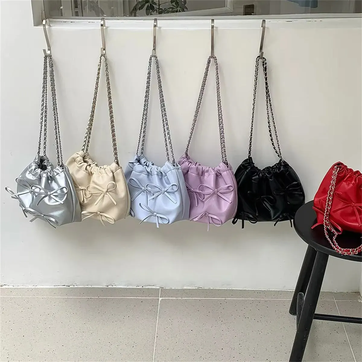 Cute Bow Pleated Chain Bucket Bags