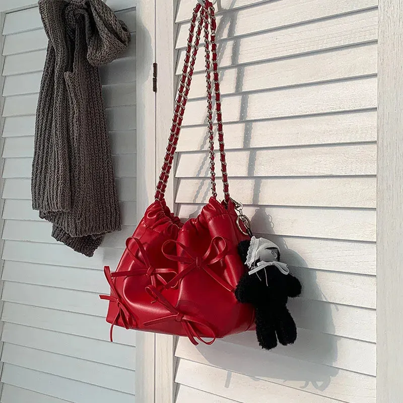 Cute Bow Pleated Chain Bucket Bags