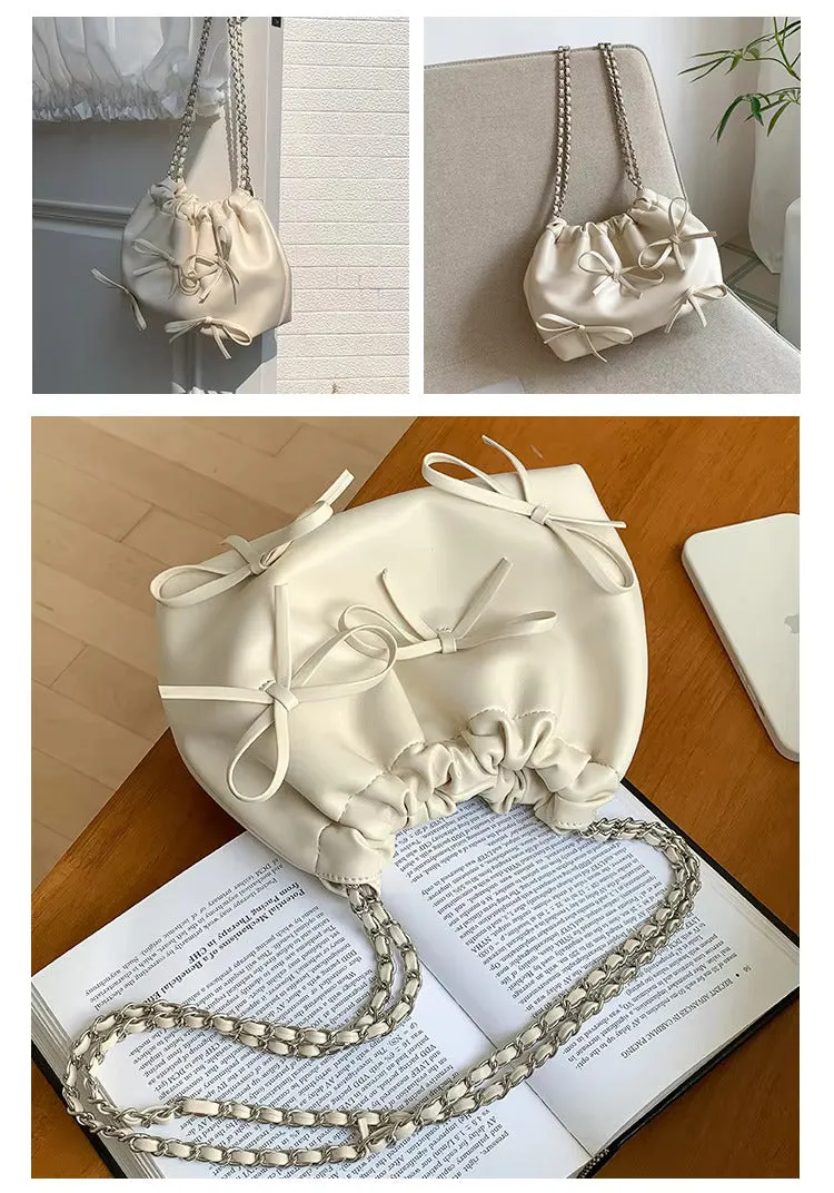 Cute Bow Pleated Chain Bucket Bags