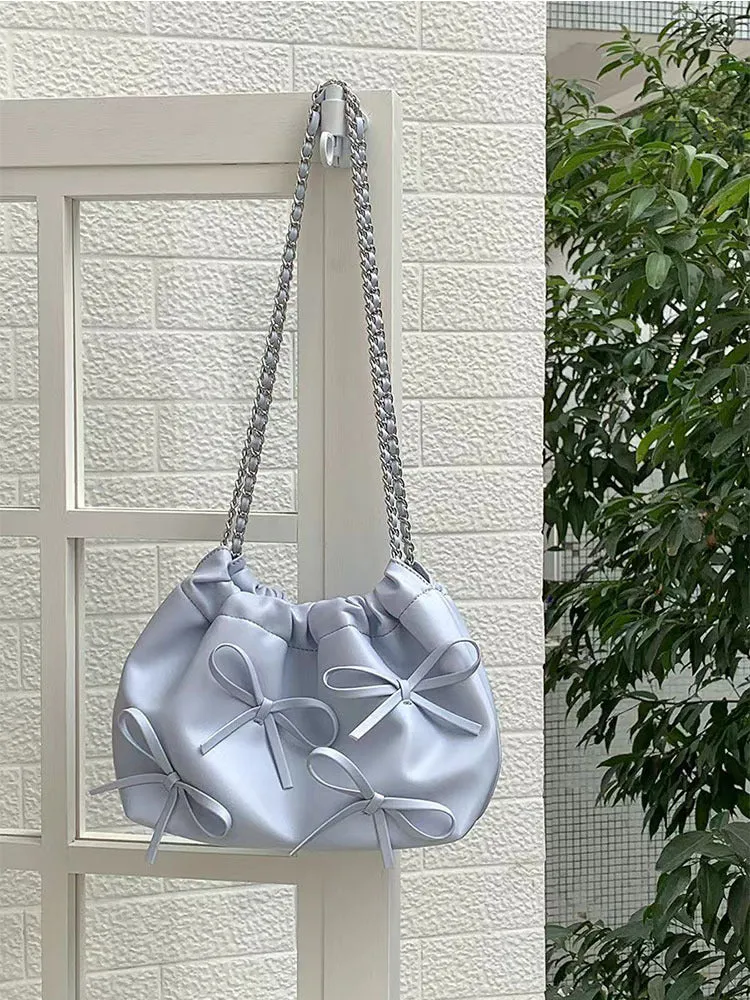 Cute Bow Pleated Chain Bucket Bags