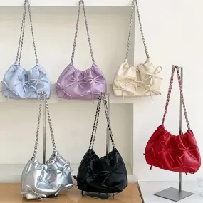 Cute Bow Pleated Chain Bucket Bags