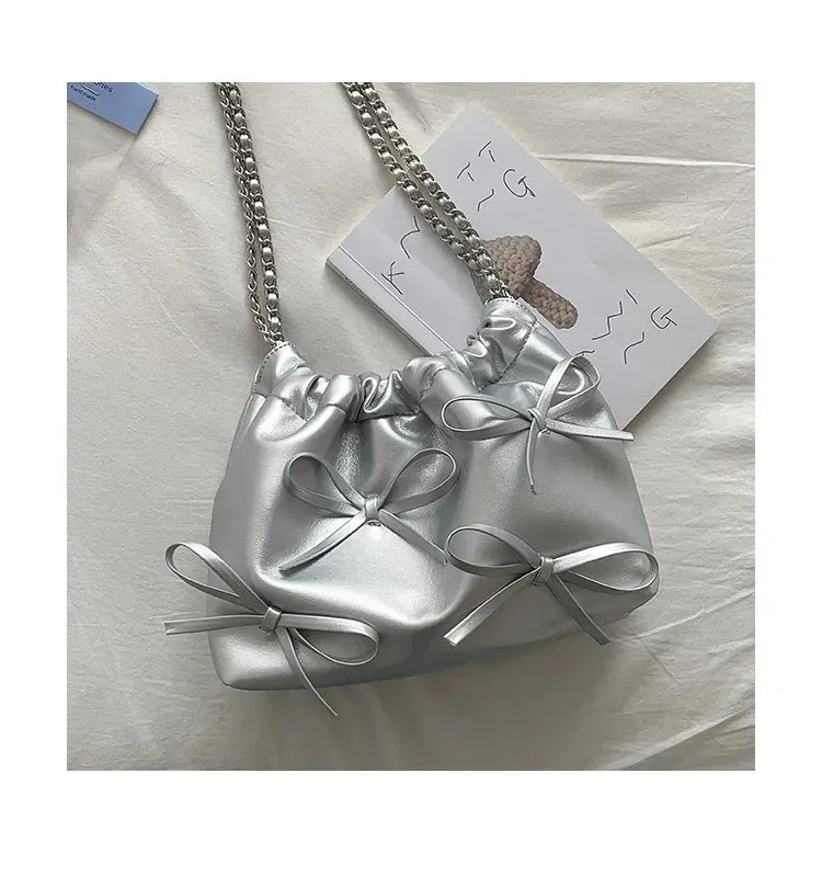 Cute Bow Pleated Chain Bucket Bags