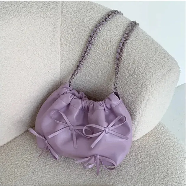 Cute Bow Pleated Chain Bucket Bags