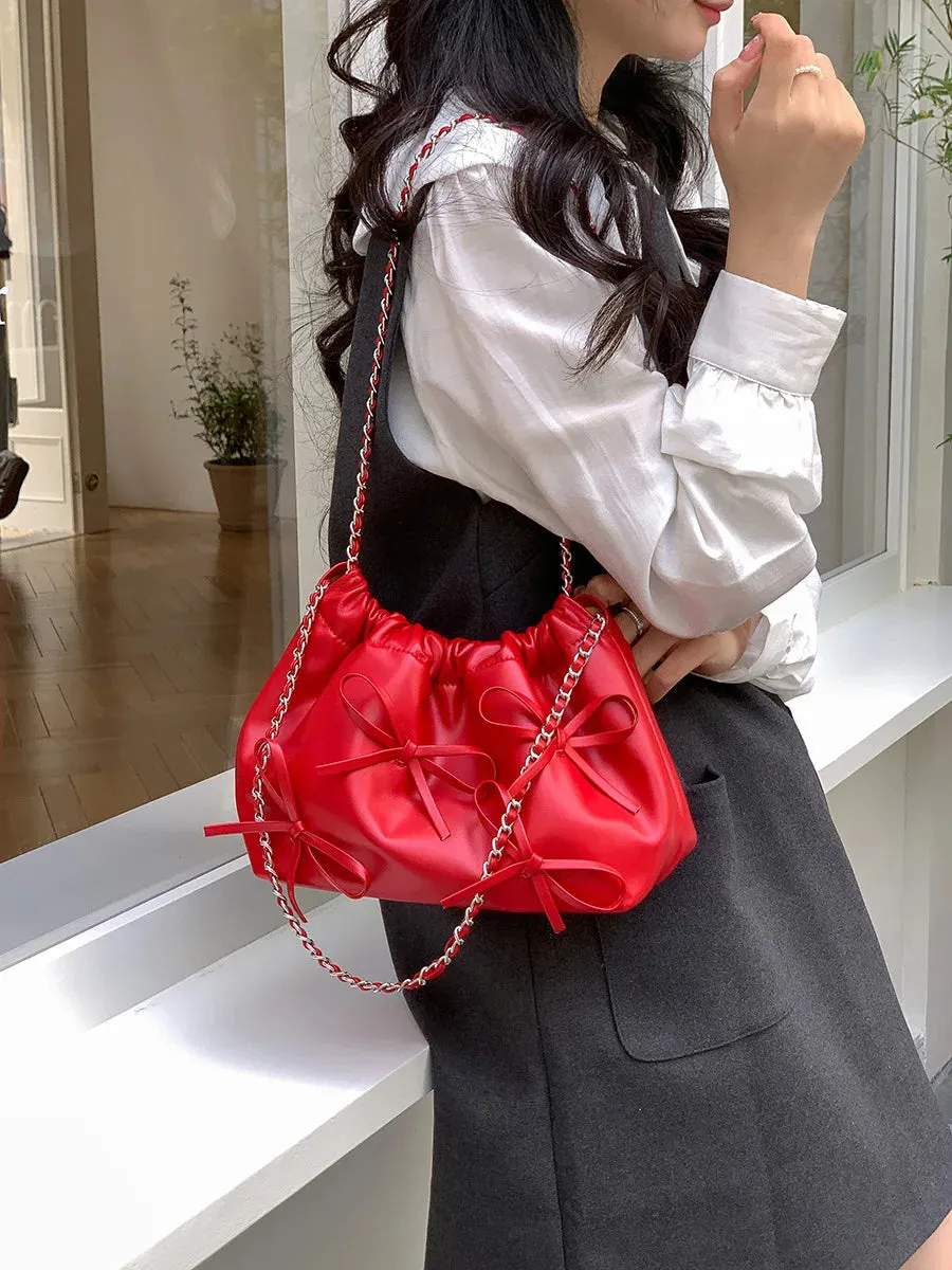 Cute Bow Pleated Chain Bucket Bags