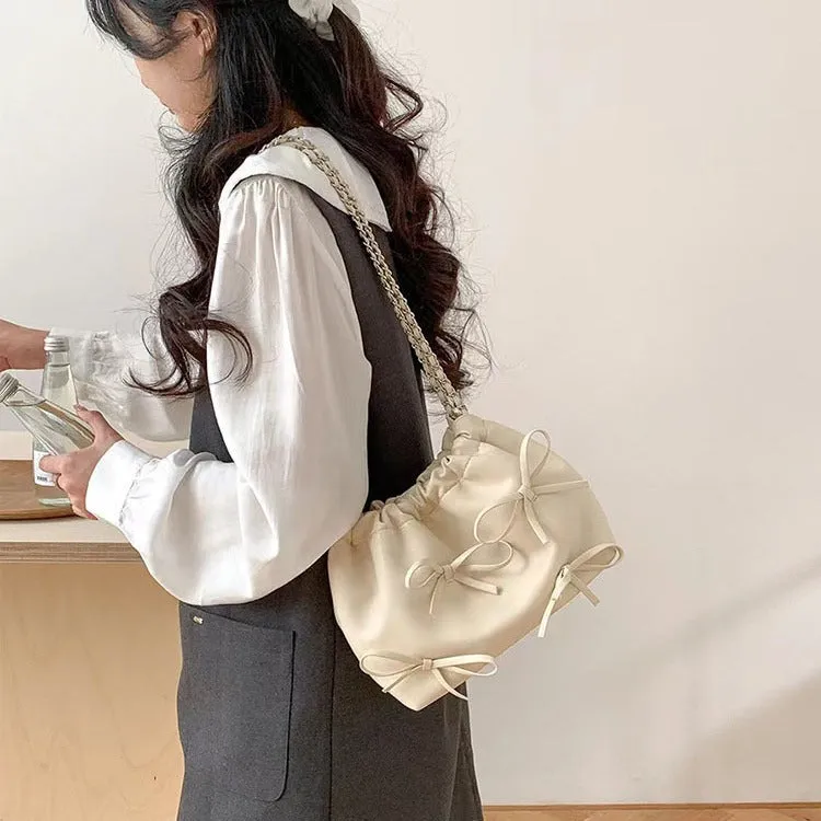 Cute Bow Pleated Chain Bucket Bags