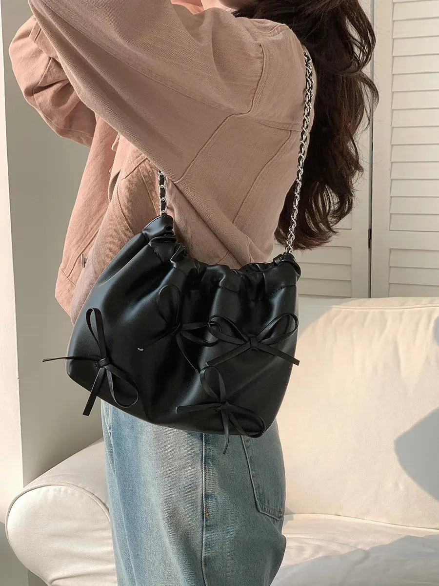 Cute Bow Pleated Chain Bucket Bags