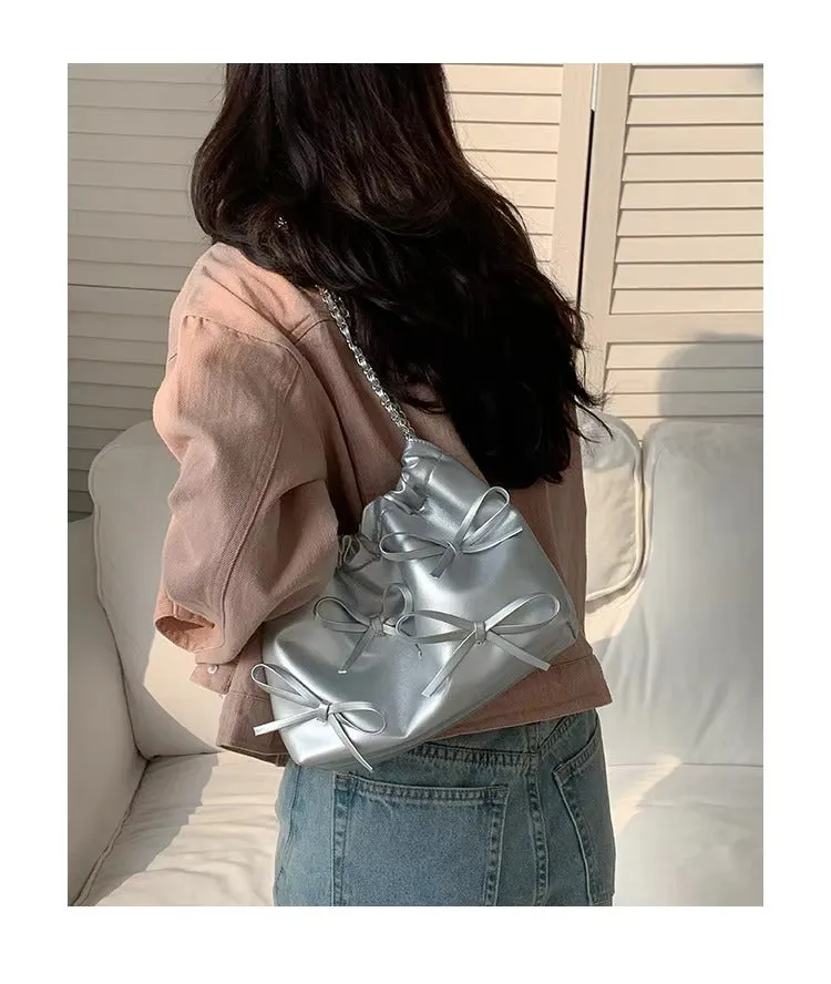 Cute Bow Pleated Chain Bucket Bags