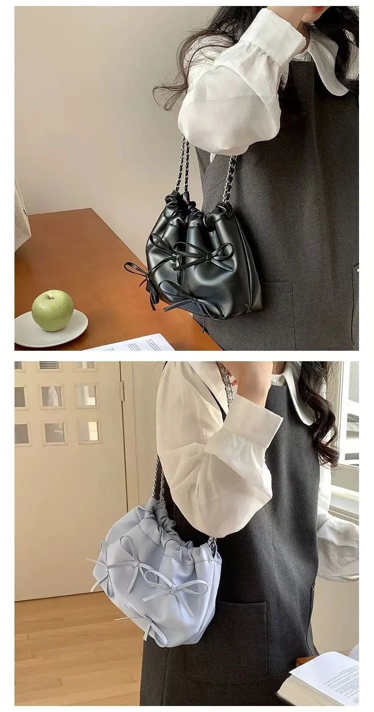 Cute Bow Pleated Chain Bucket Bags