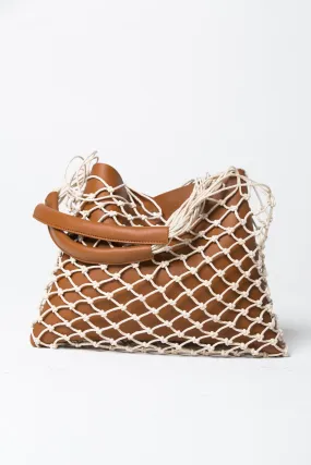 Faux Leather and Jute Macrame Hobo Bag
