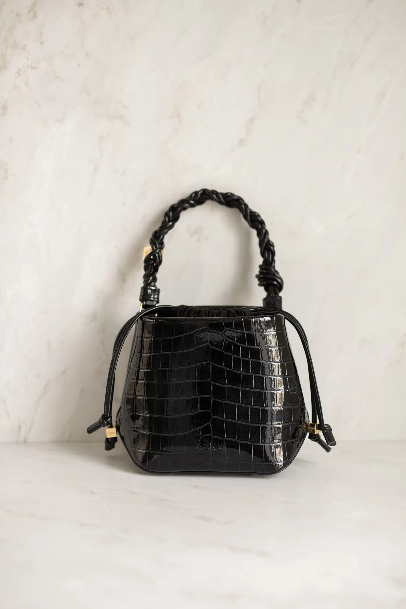 Ganni Bou Bucket Bag Patent Croco