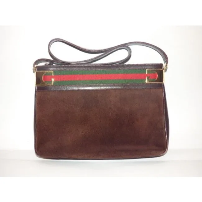 Gucci Vintage Pursesdesigner Purses Brown Suede And Leather With Red And Green Striped Top Hobo Bag