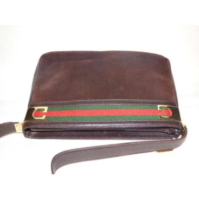 Gucci Vintage Pursesdesigner Purses Brown Suede And Leather With Red And Green Striped Top Hobo Bag