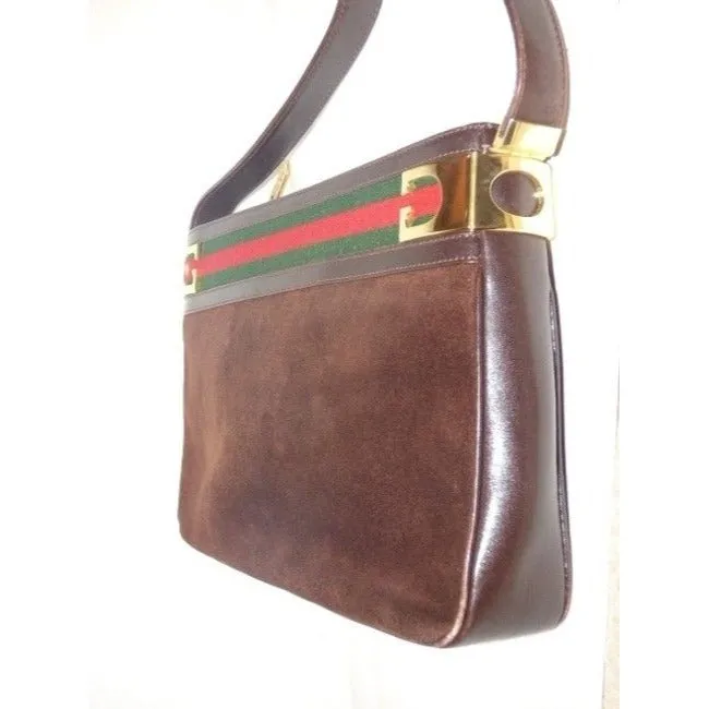 Gucci Vintage Pursesdesigner Purses Brown Suede And Leather With Red And Green Striped Top Hobo Bag