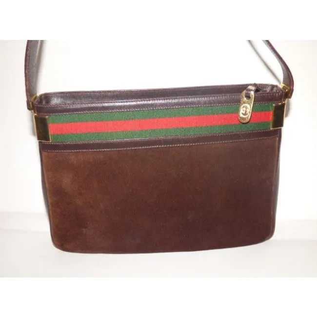 Gucci Vintage Pursesdesigner Purses Brown Suede And Leather With Red And Green Striped Top Hobo Bag